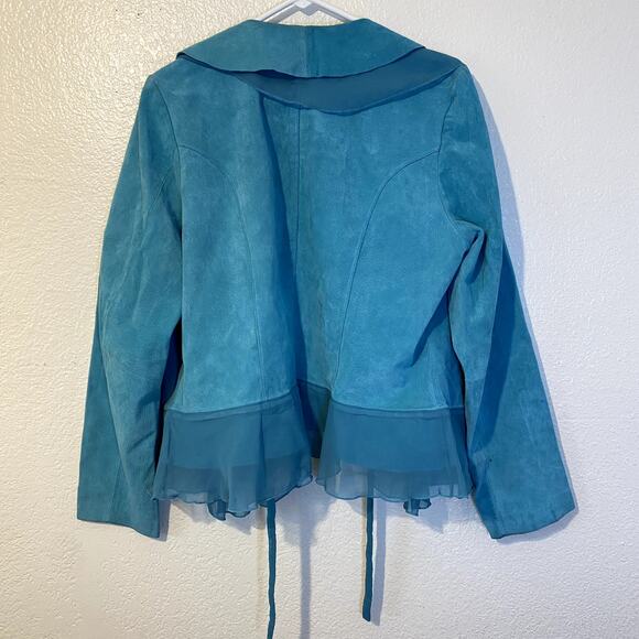 VTG Dialogue Teal Genuine Suede Leather Draped Chiffon Ruffled Jacket Size M Y2K - Picture 6 of 7